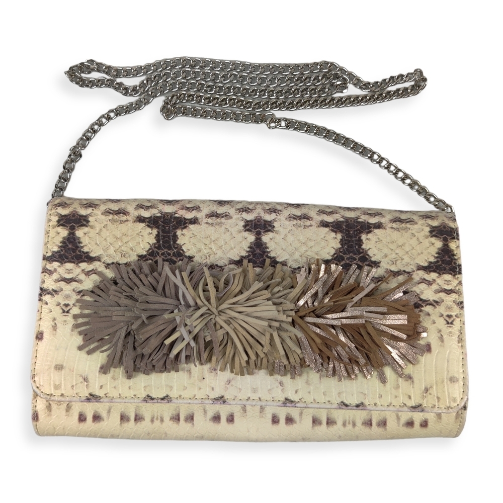 Steve Madden FoldOver Clutch Chain Crossbody Animal Python Print Pom Pom Accent